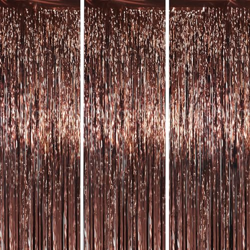 Voircoloria 3.3 x 6.6 ft Foil Fringe Backdrop Curtains, Tinsel Streamers Party Decorations, Fringe Backdrop for Birthday, Baby Shower, Gender Reveal, Graduation (3, Brown)