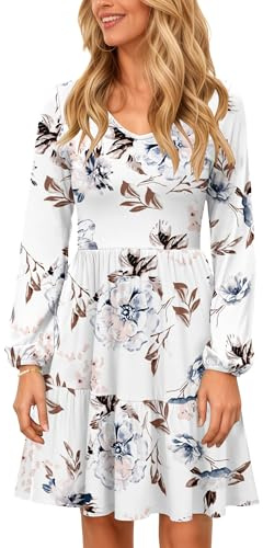 PLOKNRD Vestido de Cuello V Manga Larga de Mujer con Bolsillo Elegante Vestidos en Capas Falda Corta Casual de Otoño e Invierno Flor Blanca L