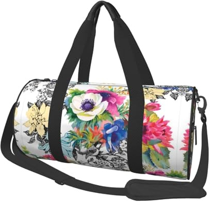 Runde Seesack aus Segeltuch, Motiv: Wildblumen, Vögel, Blätter, Zweige, bedruckt, wasserdicht, reißfest, faltbare Wochenend-Reisetasche