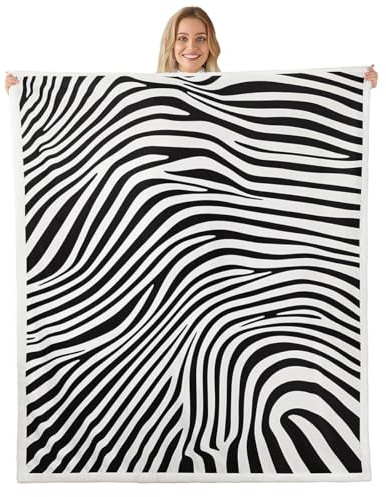 feelingyou Plaid abstrait, motif géométrique zèbre et rayures ondulées, couverture moderne en polaire pour chambre à coucher, style simple, motif vagues noires et blanches, patchwork doux pour toutes