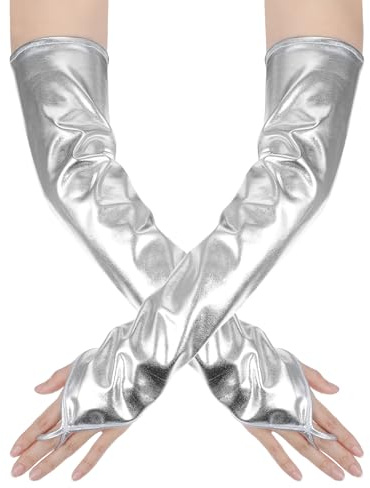 Silber Handschuhe Metallic Fingerlose Handschuhe Damen Glänzende Abendhandschuhe Alien Kostüm Damen Metallhandschuhe für Weihnachten Cosplay Maskeraden Party