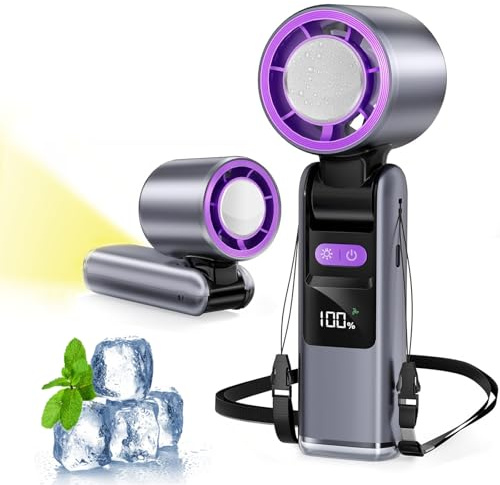 Vtizikl Cooling Ice Handheld Fan, 100-Speed Adjustable Portable Fan, Foldable Turbo Fan Handheld with LED Display, Lanyard, 4000mAh Battery for Travel, Office, Gifts, Outdoor (Grey)