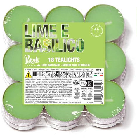 Price's Candles Petali Range Lime and Basil Pack of 18 Scented Tea Lights Candle for Home & Events | 4 Hour Burn Time Scented Candles for All Occasions | Long Burning Tealights Gifts for Women & Men