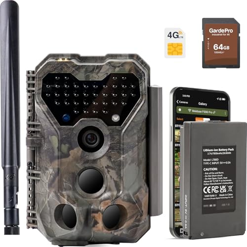 Meidase S970 Pro 4G LTE Wildkamera, 48MP 1296P, Mit Live Streaming, Nachtvision, 0.1s Bewegungsaktivierung, App Übertragung, Mit 7800mAh Wiederaufladbarem Lithium Akku und 64GB SD Karte, GPS