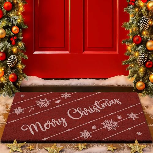 Lanpn Christmas Welcome Natural Coir Door Mat, Line Coco Front Door Outdoor Doormat Outside Entrance Porch Non Slip Rubber Rug Winter Xmas Farmhouse Decor (Red, 42x75cm)