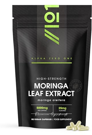 Moringa Capsules 5000mg - Standardised 5% Flavones High Strength Leaf Extract – 90 Vegan Capsules - Resealable and Recyclable Pouch by Alpha01