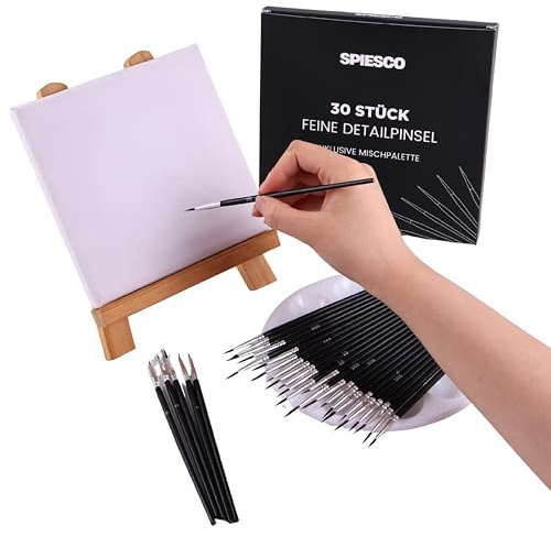 SPIESCO 30 Stück Detailpinsel Set inkl. Mischpalette – Feine Miniaturpinsel für Acryl, Aquarell & Ölmalerei – Präzise Pinsel für Modellbau, Basteln & Malen nach Zahlen – Langlebig und formstabil