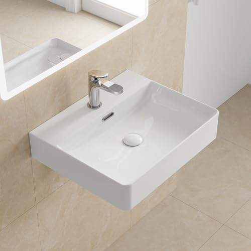 HOROW Bathroom Ceramic Wash Basin Sink Countertop or Wall Mounted Rectangular Basin,Slim Edge & Storage Ledge Design for Bathroom, Cloakroom, Small WC (White, 50 * 42 * 14 cm)