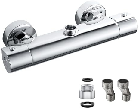Thermostatic Shower Mixer Bar Top Outlet 3/4 BSP, Brass Thermostatic Shower Mixer Valve 38°C Anti Scald, with 3/4 BSP to 1/2 BSP Pipe Adaptor, Hot & Cold Water Shower Mixer Tap, Chrome