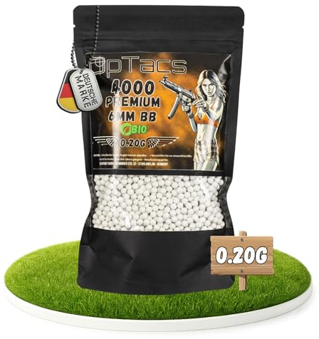 OpTacs Premium Bio Softair Kugeln 0,20 g – 4.000 STK. Beutel | Hochpräzise Airsoft BBS 6 mm | 17-Fach poliert | Biologisch abbaubar | Für AEG, Gas & Federdruck