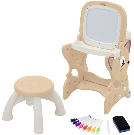 Kinder Maltisch mit Whiteboard & Hocker – 3-in-1 Staffelei Set für Kinder ab 3 Jahren – stabiler Lern- und Maltisch im Tierdesign – inkl. Stifte & Schwamm, leicht zu reinigen