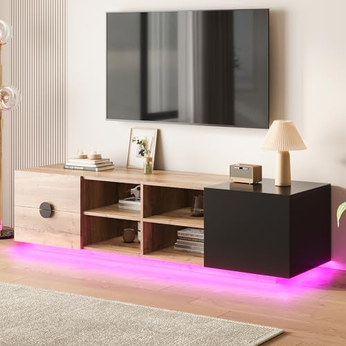 FammyLoft TV Schrank bis 80 Zoll, TV Lowboard mit LED, Fernsehtisch mit Offener Stauraum, TV Board, Fernsehschrank, Sideboard, für Schlaf- und Wohnzimmerschrank, Hochglanzdesign, 180cm, Schwarz