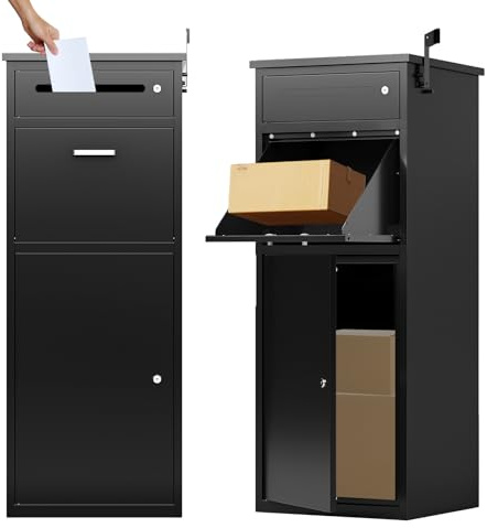 KAER Package Delivery Boxes for Outside,44.5x17x15.75 Cold-Rolled Steel Large Delivery Box for Packages & Mails, Anti-Theft Lockable Large Parcel Drop Box for Outdoor, Porch, Curbside (Black)