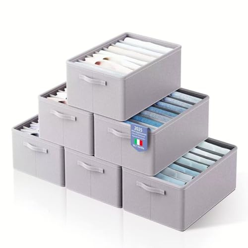 YOYIKKO 6 Pezzi Grandi Organizer per Armadio Vestiti 7 Scomparti, Cestelli Portaoggetti Impilabili, Contenitori per Vestiti Guardaroba per Maglioni, Magliette, Felpe Con Cappuccio (Grigio120)