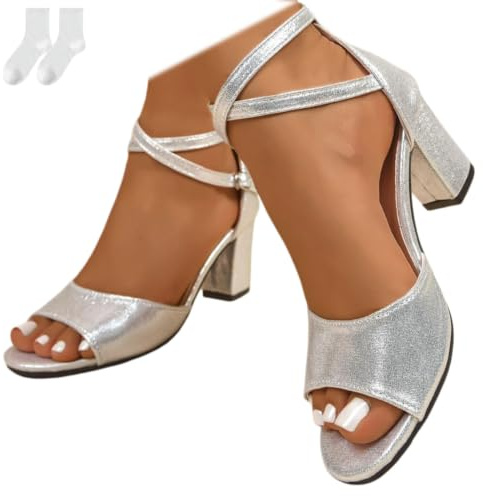 Women's High Heel Sandals with Block Heel, Elegant Open Toe Sandalettes | Summer Shoes with Cross Straps and Buckle Plus Size Comfortable Bridal Shoes for Party Wedding