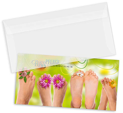 GESCHENKGUTSCHEINcom by POS-HAUER. Gutschein-Set. 10x Gutschein + Kuvert. Für Fußpflege Podologie, blanko zum selber Ausfüllen.
