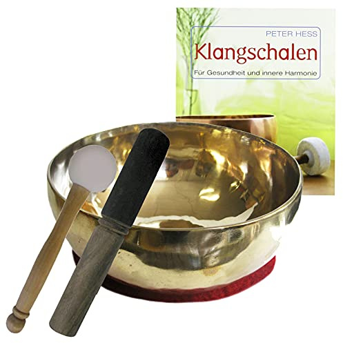 Klangschale [1100-1300g] Sangha Gold 6-tlg Therapie Set + Peter Hess Klangschalen BUCH + Klöppel & Zubehör. 70065