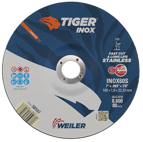 Weiler 58107 7 Inch Cutting Wheel, Tiger Inox Stainless Steel Contaminant-free High Performance Cutting, .060 INOX60S Type 27 7/8 Arbor, Pack of 25