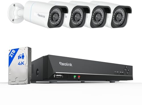 REOLINK 4K Security Camera System - H.265 4pcs PoE Security Cameras Wired with Person Vehicle Detection, 8MP/4K 8CH NVR with 2TB HDD for 24-7 Recording, RLK8-800B4