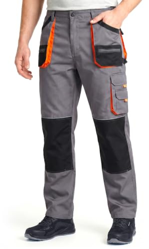Stenso Em - Pantaloni da Lavoro - Uomo - Pantaloni Protettivi - Slim Fit - con Elastico in Vita - Grigio/Nero/Arancione - 66