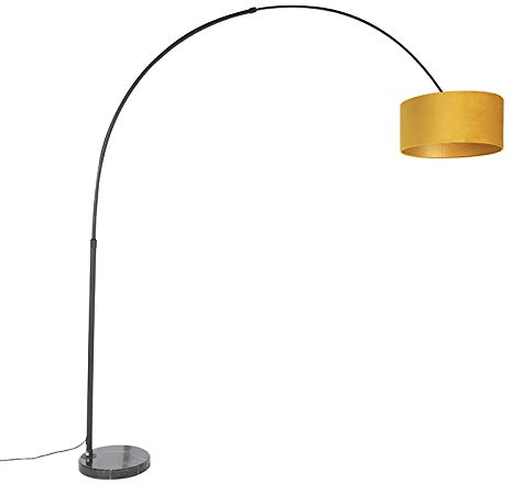 QAZQA - Modern Bogenleuchte I Bogenlampe I Lampe I Leuchte schwarz mit Samt-Schirm senfgelb mit Gold I Messing 50 cm - XXL I Wohnzimmer I Schlafzimmer - Stahl Länglich I Zylinder I Rund - LED geeignet