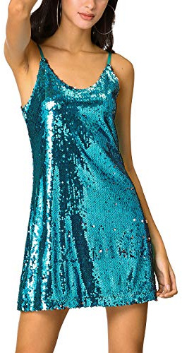 Allegra K Women's Glitter Sequin Dress V Neck Spaghetti Strap Halloween Mini Party Dress Clubwear Medium Teal Blue