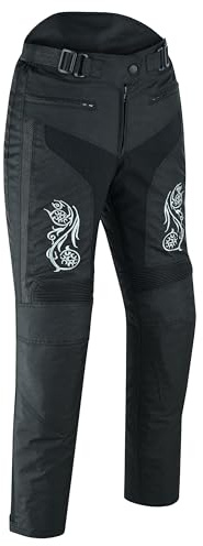 warrior gears Damen-Motorradhose mit Grafikstickerei und CE-Protektoren | Herausnehmbare CE-Protektoren an Hüfte und Knien, HiTech 600D Cordura, herausnehmbares Thermofutter, wasserdicht, winddicht