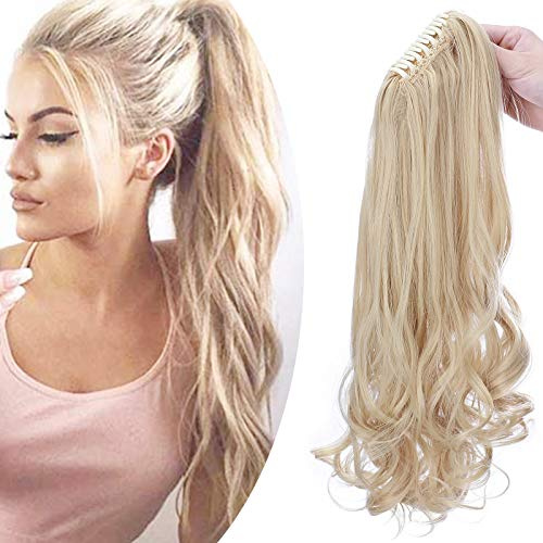 SEGO Ponytail Extension Pferdeschwanz Zopf mit Klammer Haarteil Haarverlängerung Hair Piece Haar Hitzebeständig (Glatt+Gewellt) wie Echthaar 18(45cm)Golden Mix Bleichblond