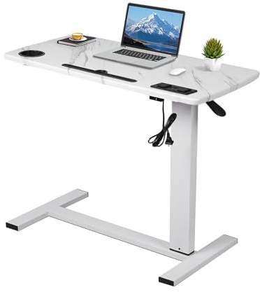 Levede Mobile Over Bed Desk with USB Port, Height Adjustable Health care Table, Gas Life Sit Stand Computer Desk with Hidden Wheels for Home, Office, Hospital (80 x 40cm, Marbleized)