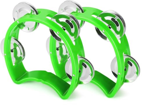 Flexzion Tamburin Handglocke Percussion Musikinstrumente (Grün, 2 Stück), Kunststoff Musikinstrument Halbmond Mini D Handheld Shaker, Jingle Bells