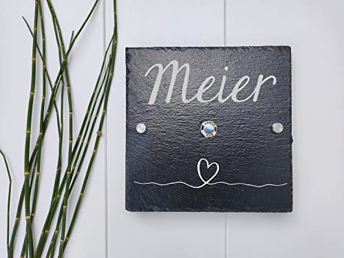 Klingelschild mit Familiennamen aus Schiefer, Türklingel 20 x 20 cm personalisiert mit Gravur Familienname, Namensschild mit Klingel, Die Geschenke Manufaktur