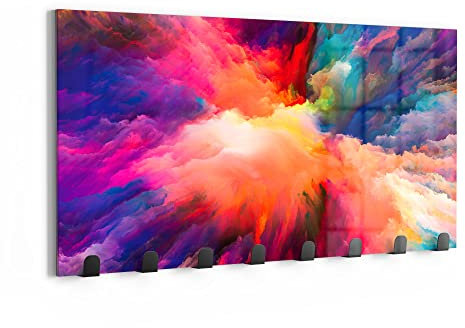 DEQORI Wandgarderobe Glas & Metall | Motiv Bunte Farbwolke | 60x30 cm | Design Haken-Leiste modern | Garderoben-Paneel für Flur, Wohnzimmer & Schlafzimmer | magnetisch & beschreibbar