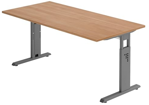 bümö höhenverstellbarer Schreibtisch O-Serie 180x80 cm in Nussbaum, Gestell in Graphit - großer PC Tisch für's Büro manuell höhenverstellbar, Computertisch verstellbar
