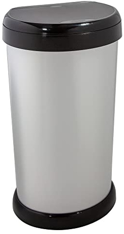 42L Silver Metal Effect Bin – Touch Top Kitchen & Office Waste Bin with Removable Liner Ring, Fingerprint-Resistant, Space-Saving Flat Back – Stylish Rubbish Can for Home, Bathroom & Recycling