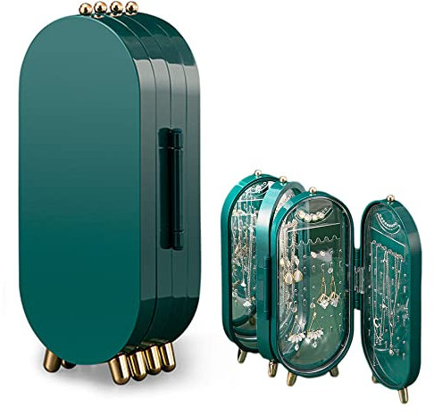 TINGFENG Earring Holder with Mirror Foldable Jewelery Stand Earring Stand Organiser Holder Multi-Function Screen Shaped Metal Jewelry Display Stand for Earrings Ear Studs Thin Necklace (Green)