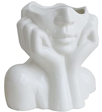 Keramik-Gesichtsvase, weiße menschliche Gesichtskunst, Keramik-Blumenvase, moderne Schreibtisch-Skulptur, dekorative künstlerische Kopfvase, Tafelaufsatz, moderner nordischer Stil (Hände auf Wangen)