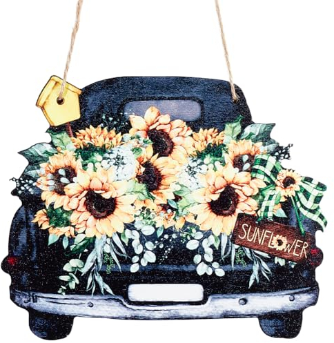 CREATCABIN Letrero Bienvenida para Puerta Entrada,Decoración Porche Madera,Girasol Negro para Coche,Decoraciones Rústicas Colgar En Pared,Carteles Bienvenida para Farmhuose,Hogar,Exterior,15.5x20cm
