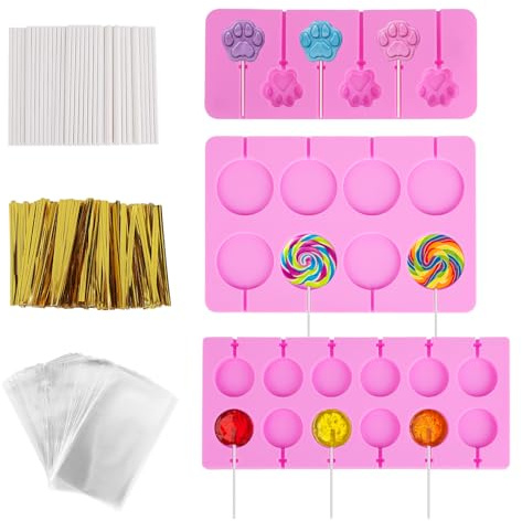 3 Pack Silicone Lollipop Molds,DIY chocolate lolly moulds BPA free Round and cat claws Styles with 100* paper sticks/packaging bags/cable ties for chocolate lollipop cake baking Christmas candy making