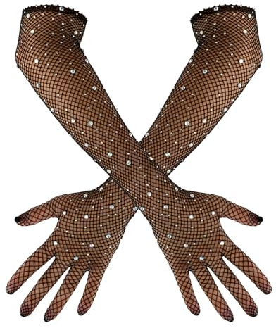 simarro Damen Lange Netzhandschuhe, Lange Handschuhe mit Strasssteinen, Spitzenhandschuhe, Braut Voller Finger Länge Handschuhe für Hochzeiten Opern Dinnerpartys Prom(Schwarz)