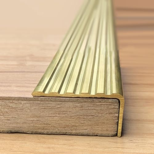 ROYUMI Übergangsprofil Treppenstufen-Eckverkleidung aus Messing mit Rutschfester Nut, L-förmiger Treppenkanten-Übergangsstreifen, Trittkantenschutz für Holz/Fliese/Laminieren/Vinyl