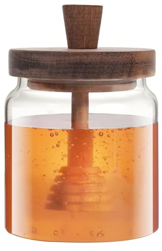 Chase Chic Glas Honig Topf, Klar Honig Glas mit hölzernen Dipper und Deckel Honig Halter Sirup Container mit Drizzler für die Lagerung von Bienenhonig Home Kitchen 16oz