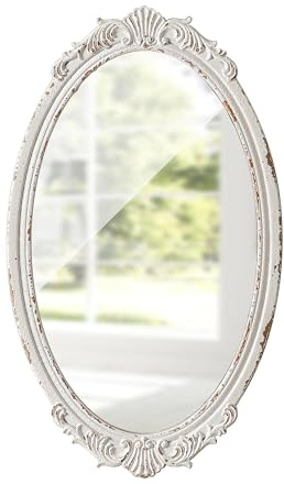 Sintosin Vintage Spiegel Oval Weiß 60 x 35 cm, Barock Antiker Dekorative Wandspiegel mit Holzrahmen, Spiegel Wand für Wohnzimmer, Schlafzimmer, Badezimmer, Flur, Horizontal oder Vertikal