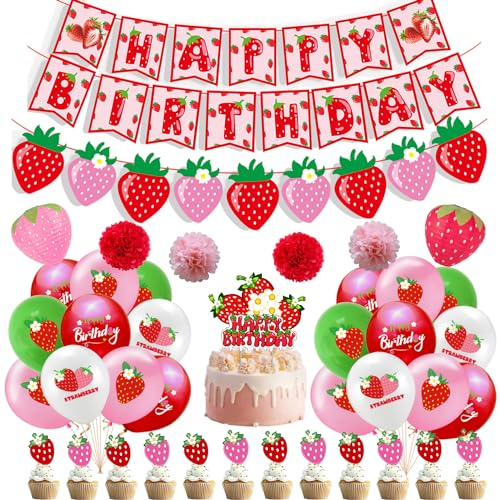 Decoraciones de fiesta de primer cumpleaños de fresa incluyen pancarta de tarta de fresa, decoraciones de pastel, globos para niña, decoración temática de bayas, dulce primer cumpleaños, decoración de