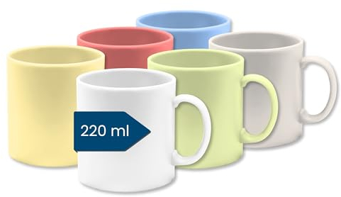 Plastic Coffee Cups (Set of 6, Small, Colourful, 220 ml) - Plastic Cups with Handle for Camping - Drinking Cups Children and Seniors (Reusable - BPA Free - Dishwasher Safe - for Microwave)
