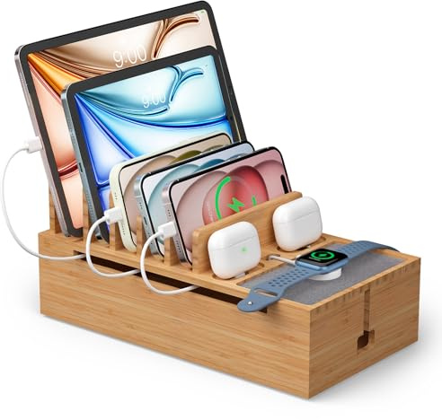 Pezin&Hulin Bamboo Cable Management Box, Charging station, Natural | Wire Organizers for Cords, Desktop Dock Organizer Rack for Electronic Device (No Power Adapter)