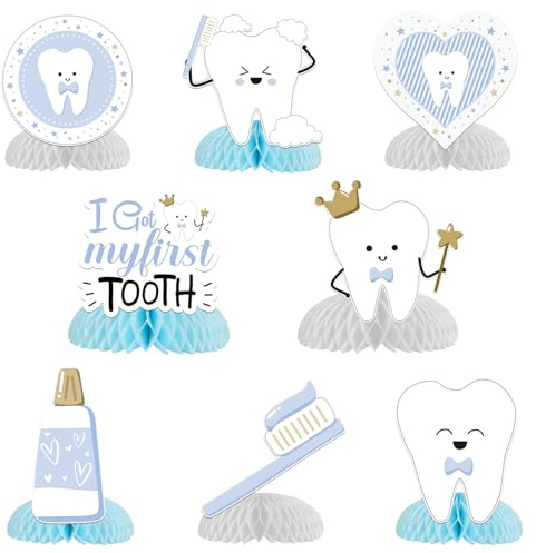 Wabenaufsätze für den ersten Zahn, blaue Tischdekoration für Partys mit dem Motto „I Got My First Tooth“, Tischaufsätze für „Erster Zahn“-Party für Jungen, Babyparty-Dekorationszubehör