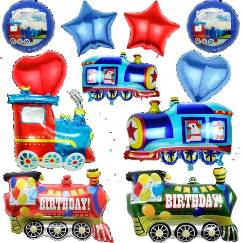batnite Train Birthday Decoration Steam Train Balloons - 11 Count, Red, Blue, Green Foil Balloons, Happy Birthday, School Bus, Star Love for Boys