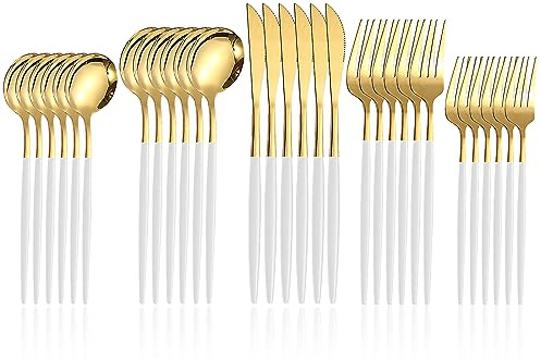 30 Pieces Cutlery Set, Stainless Steel Flatware Silverware Set with Spoon, Knives and Fork, Kitchen Cutlery Set for 6, Dishwasher Safe, Easy Clean, Mirror Polished (White & Gold)