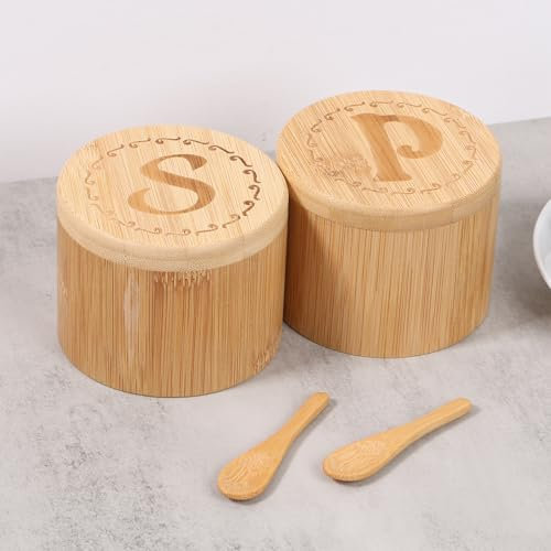 Foppla Juego de salero de bambú con tapa magnética, cuencos de sal y pimienta de bambú con cuchara, práctico recipiente de sal y especias, marcado transparente, caja de sal de bambú para el hogar
