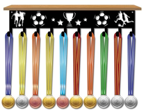 CREATCABIN Medaillenaufhänger Fußballmedaillen Mit Trophäenregal Medaillenhalter Aufhänger Trophäenhalter Aus Schwarzem Metall Medaillen Organizer Auszeichnungsständer Mit Dichtem Brettfach 40x8x9cm